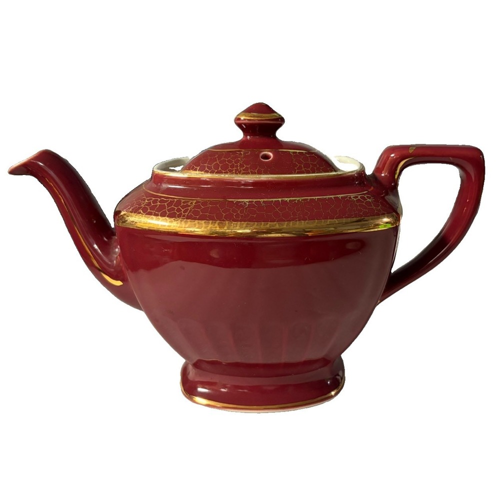 Vintage Hall China 0113 Hollywood Teapot Burgundy Gold Crackle 6 Cup USA